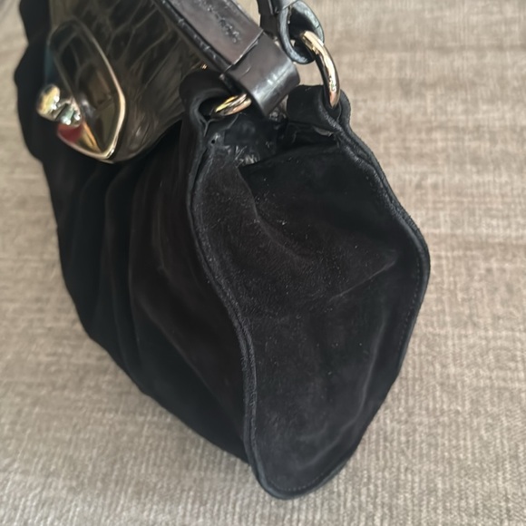 Vintage Furla Black Suede And Emboseed Crocodile Leather Shoulder Bag - Picture 8 of 14